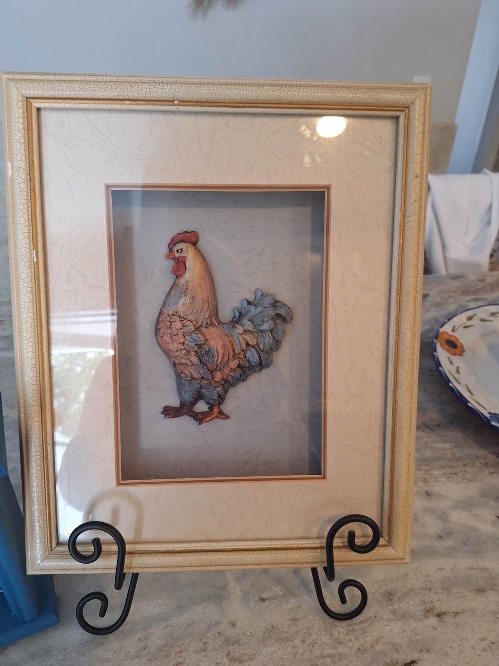 Framed Rooster Wall Art - Cream and Blue Home Accent